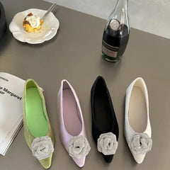 Advbridge  -  Crystal Pointed Toe Women Flat Heel Shoes Fashion Shallow Slip On Ladies Flower Decoration Flats Female Comfort Office Shoes