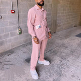 Advbridge Spring Autumn Buttoned Shirts&Long Pants Sets Fashion Solid Corduroy Two-piece Tracksuit Sportwear Men Long Sleeve Loose Outfits