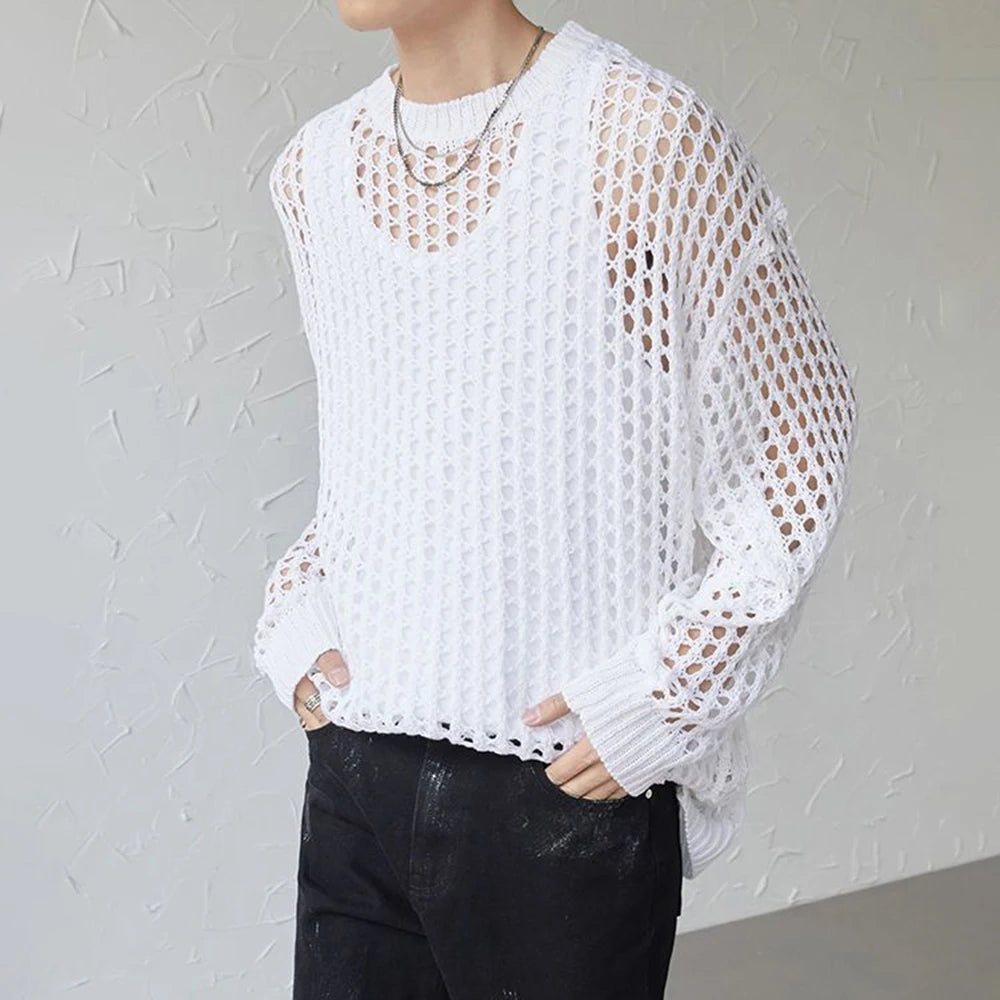 Advbridge Mens Y2k Hollow Out Outfits See-Through Knit Shirts 2024 New Summer Fashion All-Match Casual Geometric Vintage Loose Smock Tops