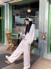 Advbridge -  Korean Sweet Girl Cute Rainbow Loose Hooded Short Coat High Waist Colorful Striped Pants Two-piece Set Fashion Female Clothes