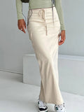 Advbridge Lace- Up Apricot Long Skirt For Women Clothing Slim Split Falda Aesthetic Pockets Faldones Para Mujer High Waist Outfits Autumn