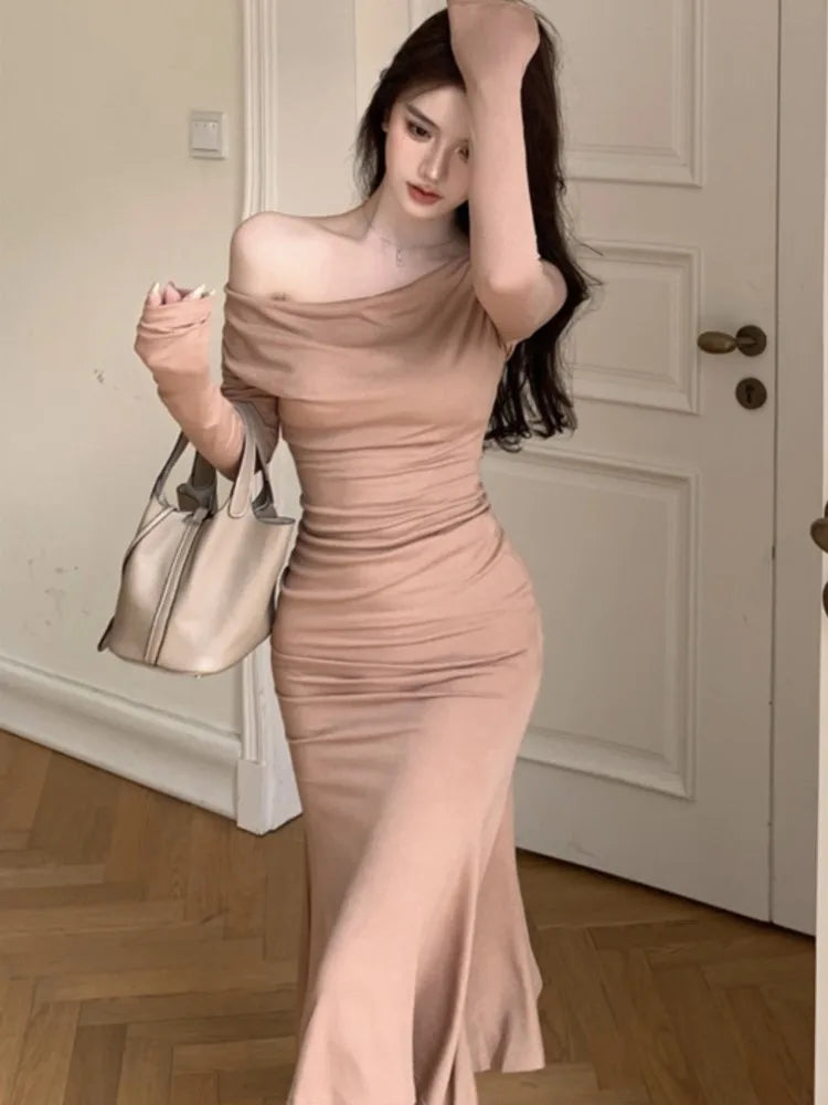 Advbridge -  Women's Elegant Midi Dress Long Sleeve Slash Neck Sexy Bodycon Mermaid Dresses Evening Party Clothes Fashion Spring Autumn New