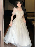 Advbridge Elegant Princess Birthday Party Dress Puff Sleeve Lace-up A-line Midi Dresses for Women Square Collar Prom Robe Vestidos Mujer
