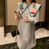 Advbridge Buttons Printing Patchwork Fashion Dresses Loose Preppy Style Sweet O-neck Long Sleeve Streetwear Pullovers Women's Clothing