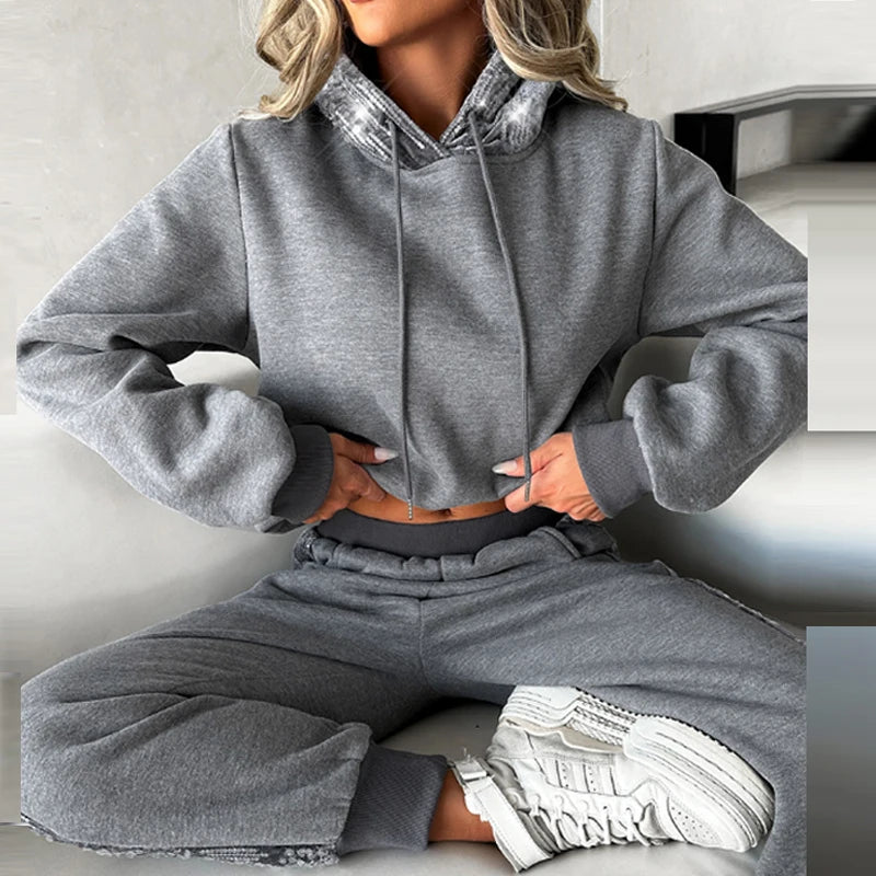 Advbridge Fashion Casual Long Sleeve Warm Set New Sequin Patchwork Hooded Tops+Long Pants Outfits Spring Autumn Tracksuit Loose Sports Set