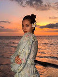ADVBRIDGE  -  Sweet V Neck Printed Mini Dress Elegant Lace Up Long Sleeve Pleated Fluffy Gowns New Women's Summer Beach Vacation Vestidos 2025