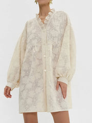 ADVBRIDGE  -  Flower Embroidery Mini Dress Women Ruffle V Neck Single Breasted Long Sleeve Dresses Summer Elegant Casual Loose A-line Vestidos