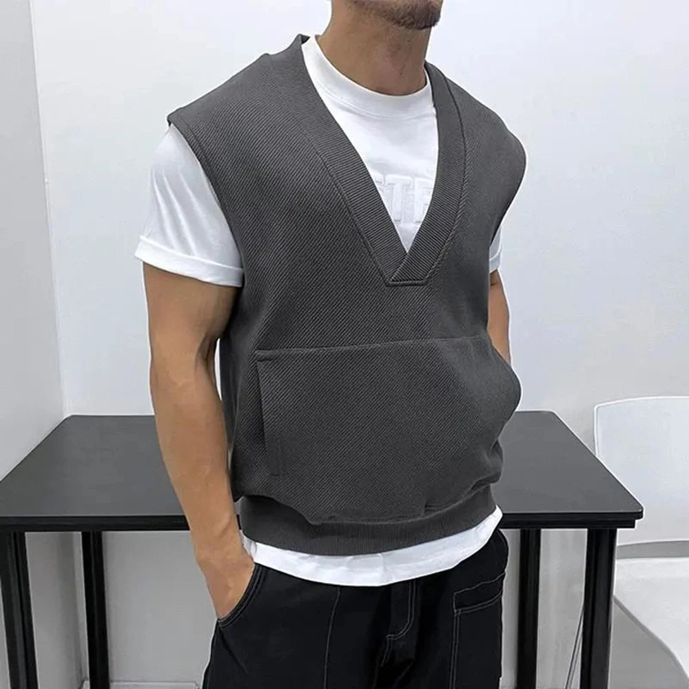 Advbridge Mens Sleeveless Knitted Vest Genderless Youth Trendy Personalized Fashion Simple Loose Solid Color Fitness V-Neck Vest Unisex