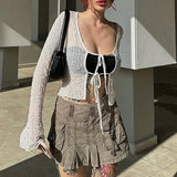 Advbridge  Goth Dark Folds Mall Gothic Lace Up Sexy Blouses Grunge Y2k Fairycore Long Sleeve T-shirts Female Transprent Skinny Fashion Tops