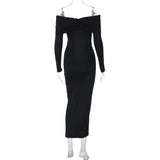 ADVBRIDGE  -  Black Elegant Slash Neck Off-shoulder Bodycon Fashion Women's Long-sleeve Pleated Sexy Long Dress  Autumn Winter Party Gowns