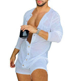 Advbridge Solid Tight One-piece Shorts Men Long Sleeve Sexy Perspective Deep V Homewear Clothes New Buttons Pajamas Jumpsuit Sexy Lingerie