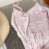 ADVBRIDGE  -  Summer Gentle Spaghetti Strap Chiffon Dress Women Korean V-Neck Lace Splicing Print Slim Long Dresses Pink Female Clothing
