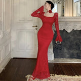 Advbridge Sexy Lace Bodycon Maxi Dresses for Women Flare Sleeve Square Collar Slim Mermaid Evening Party Dress Fishtail Vestidos Prom Robe