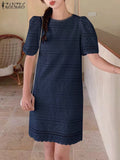 Advbridge Vintage Solid Color Dress 2025 Summer Short Puff Sleeve Mini Robe Korean Cotton Embroidery Vestidos Office Lady Lace Robe