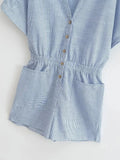 Advbridge Turn-down Collar Summer Linen Romper Women Stripes Pocket Casual Wide Leg Batwing Sleeve Blue Playsuit Button Jumpsuit