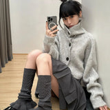 Advbridge Y2K Gray Striped Women Sweater Vintage Turtleneck Korean Fashion Knit Cardigan Harajuku Button Autumn Loose Old Money