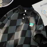 Advbridge Checked Short-sleeved T-shirt Women Men's Summer Trend Casual Lapel T-shirt Youth Versatile Mid-sleeved Hong Kong Style Top