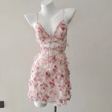 ADVBRIDGE  -  Cute Sleep Dress Lolita Night Women Sleepwear Small Chest Hollow Out Flower Lace Mesh Suspender Nightdress with Panty Pajama Set