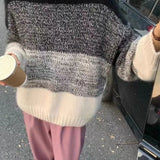 Advbridge Autumn Winter Women's Fashion Contrast Color Gradient Sweaters Korean Round Neck Loose Fit Spliced Knitted Tops Female Clothing