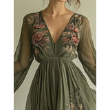 ADVBRIDGE  -  Fall/Winter New V-Neck Print Long Sleeve Long V-Neck Dress Long Skirt Women's Pullover New V-Dress Wear Outside
