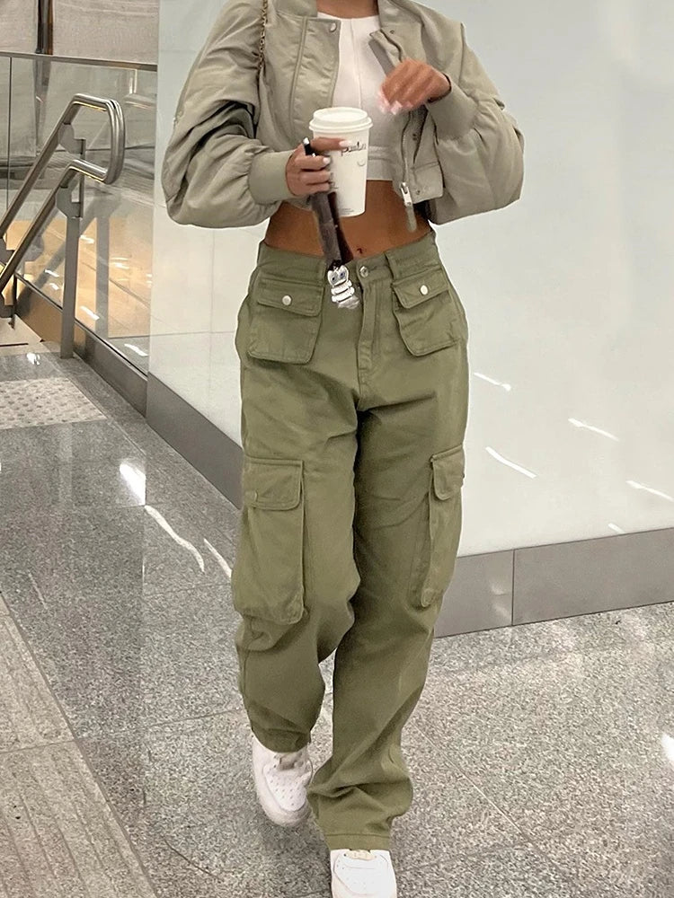 Advbridge Casual Baggy Wide Leg Sweatpants New Woman Zipper Pocket Cargo Pants Solid High Waist Vintage Joggers Trousers Streetwear