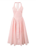 Advbridge Sexy Woman's Backless Sleeveless Halter Long Dress Elegant Plaid Slim Ruffle Hem Vestidos 2024 New Lady Vacation Party Robes
