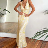 ADVBRIDGE  -  Elegant Solid Party Dress Luxury Sleeveless Deep V Suspender Evening Dress Temperament High Waist Lace Embroidery Bodycon Dress