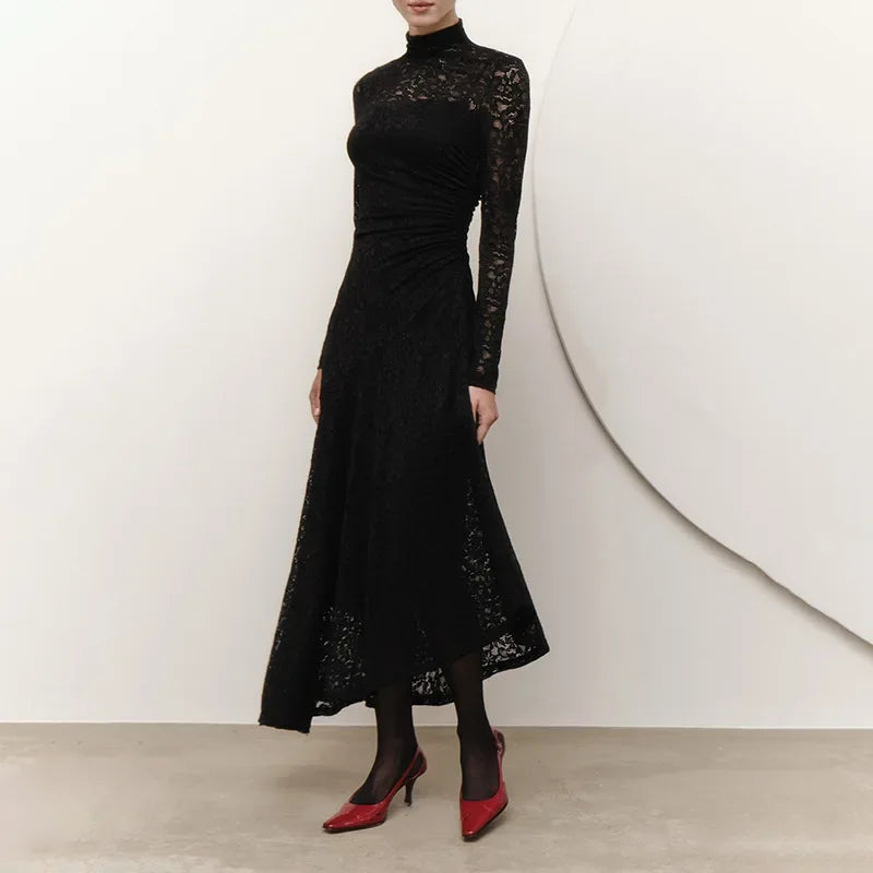 Advbridge Elegant Red Lace Maxi Dresses for Women Spring Turtleneck Long Sleeve Slim Evening Party Dress Fashion Two Piece Sets 2025