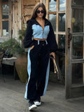 Advbridge Y2k Casual Two Piece Trousers Suit Denim Patchwork Short Zipper Hooded Top High Waisted Commuting Trousers and Sweatpants Suit