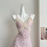 ADVBRIDGE  -  Summer Gentle Spaghetti Strap Chiffon Dress Women Korean V-Neck Lace Splicing Print Slim Long Dresses Pink Female Clothing