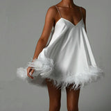 ADVBRIDGE  -  Women Solid Color Feather Trim V-Neck Chain Spaghetti Straps Sling Mini Dress Summer Sleeveless Backless vestido