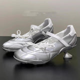 Advbridge Designer Heeled Ballet Pumps Women Round Toe Cross Lace Up Strange Shoes Sporty Style Silver Brand Low Heeled Mary Jane Shoes