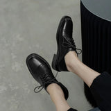 Advbridge Spring Women Loafers Cow Leather Flats Round Toe Square Heel Women Shoes Casual Lace-up Low Heel Pumps Women Oxford Shoes