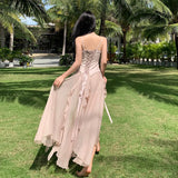 Advbridge Maxi Long Dresses for Women New Summer Elegant Spaghetti Strap Slim Split Ruffle Female Clothes Beach Holiday Bandage Dress