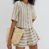 ADVBRIDGE  -  New Striped 2 Piece Set Women Crew Neck Single Breasted Short Sleeve Short Blouse Summer Elegant Casual Fashion Shorts Sets