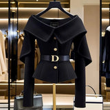 Advbridge Chic Black Short Jacket Women's 2025 Autumn New Letter Belt Top Lady High-end Shoulder Outwear Single-breasted Clothing Coat Y2K