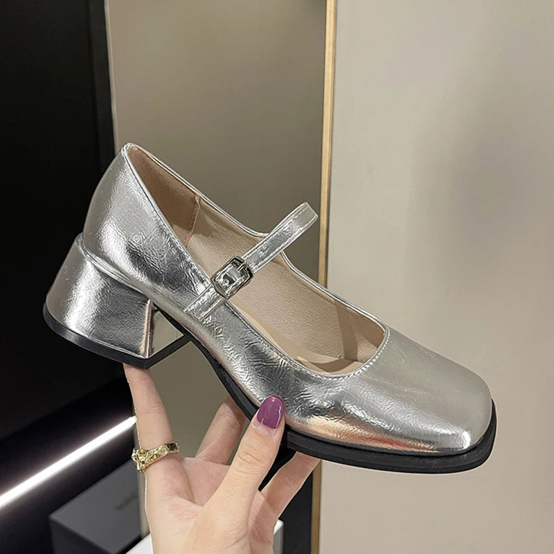 Advbridge Silver Thick Heels Mary Jane Shoes Women Buckle Strap Square Toe Pumps Woman Med Heele Patent Leather Shoes Female