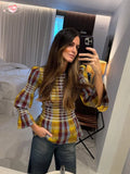 Advbridge Casual Plaid Print Ruffle Hem Blouse For Women Fashion Puff Sleeve O-neck Loose Shirt 2025 Spring Female Loose High Street Tops