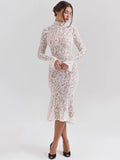 Advbridge Lace Long Sleeve Sexy Midi Dress For Women Elegant White Half High Collar High Waist Bodycon Club Party Sexy Long Dress