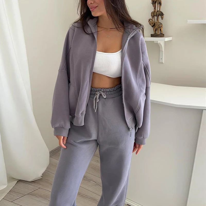 Advbridge Elegant Tracksuit Solid 2Pc Set Fashion Zipper Lapel Sweatshirt & Elastic Waist Pant Suit Women Casual Long Sleeve Loose Outfit