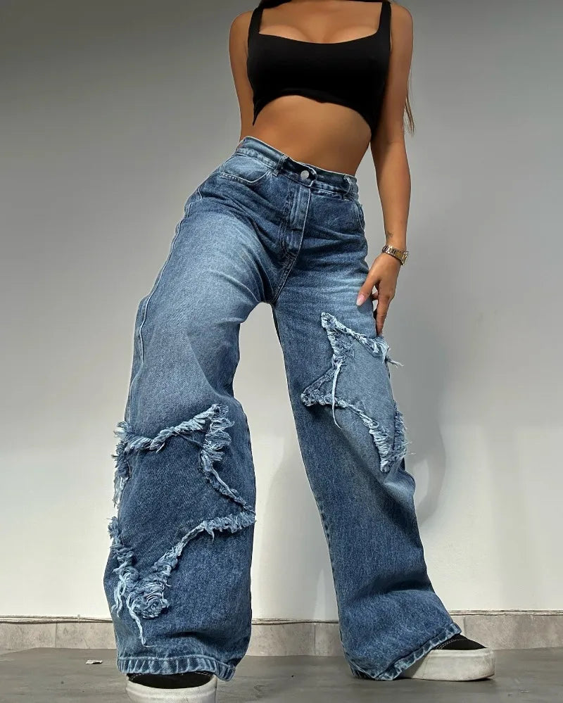 Advbridge Y2K New Fashion Star Embroidery Patch Baggy Jeans Women Street Harajuku Vintage Hip Hop Casual Gothic High Waist Wide Leg Pants