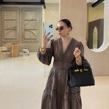 ADVBRIDGE  -  Elegant Lace Hollow Out Women's Long Dress Solid V-neck Patchwork Puff Sleeve Bodycon Dressess Female 2025 Spring New Lady Robes