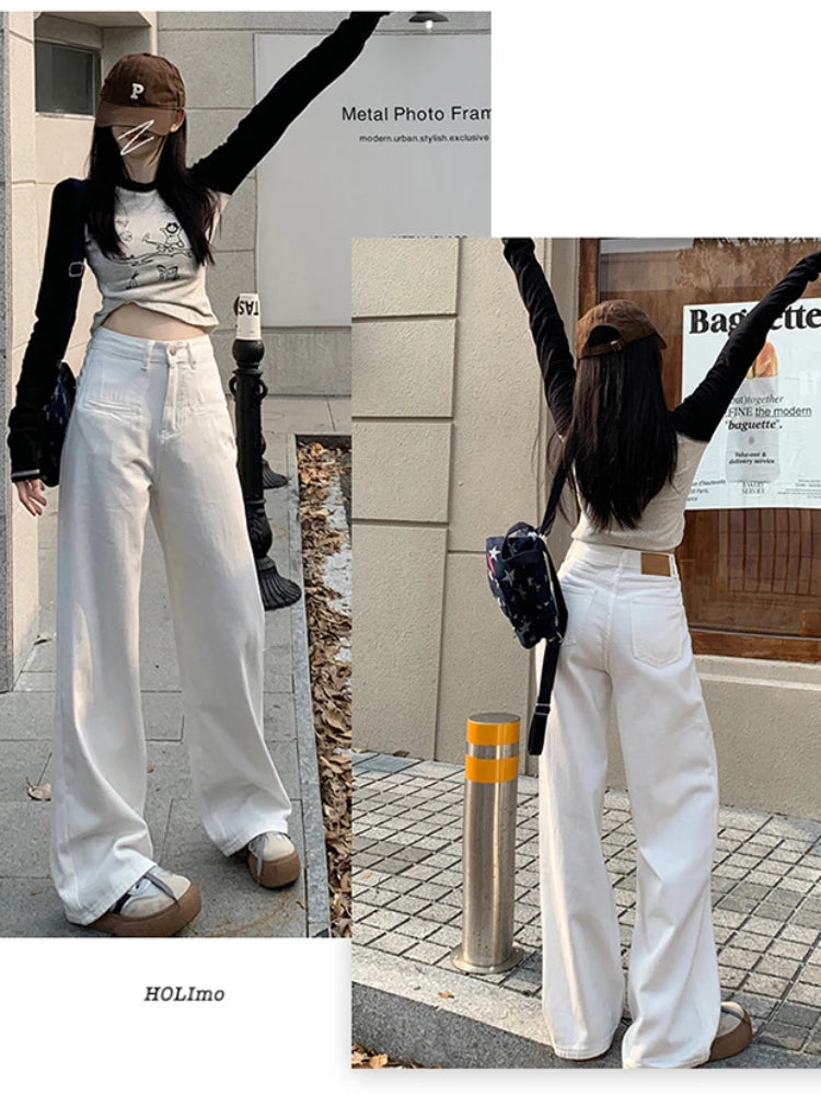 Advbridge White Wide Leg Jeans Women High Waist Office Lady Loose Casual Trousers 90s Vintage Streetwear Baggy Korean Fashion Pants