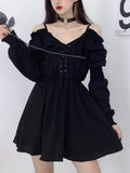 Advbridge Large Size Gothic Women Black Mini Dress Sexy Off Shoulder High Waist Tunic Ladies Party Dress Long Sleeve V Neck Vestidos