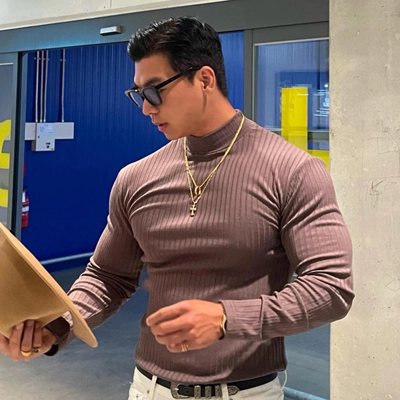 Advbridge Men Clothing Casual High Elastic Basic Tops Gym Male Fashion Long Sleeve Striped Pullovers Streetwear Turtleneck Shirts Tees