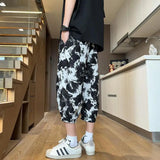ADVBRIDGE  -  M-5XL Plus Size Mens Cropped Pants Chinese Style Floral Printing Loose Fit Big Casual Stretwear Summer Trousers Fashion XXXXXL