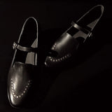 ADVBRIDGE  -  women's cow leather metal buckle slip-on flats Mary Jane loafers round toe rivet decoration casual female daily moccasins shoes