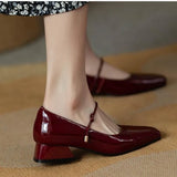 Advbridge -  New Square-toe Leather Shoes Red Black Mary Janes Shoes Women'S Shallow Mouth Casual Chunky Heel Shoes Low Heels Shoes