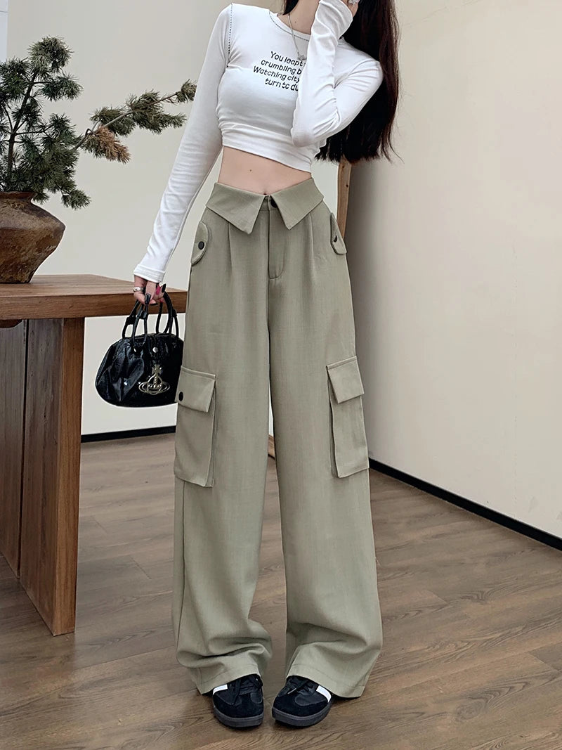 Advbridge -  Hot Girl American Cargo Straight Leg Casual Pants for Women's Autumn and Winter High Waisted Wide Leg Mop Pants Female Clothes