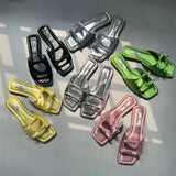 Advbridge Summer Women Flat Slippers Candy Leather Women Simple Bow Shoes Open Toe Square Head Slippers Women 2024 New French Beach Shoes
